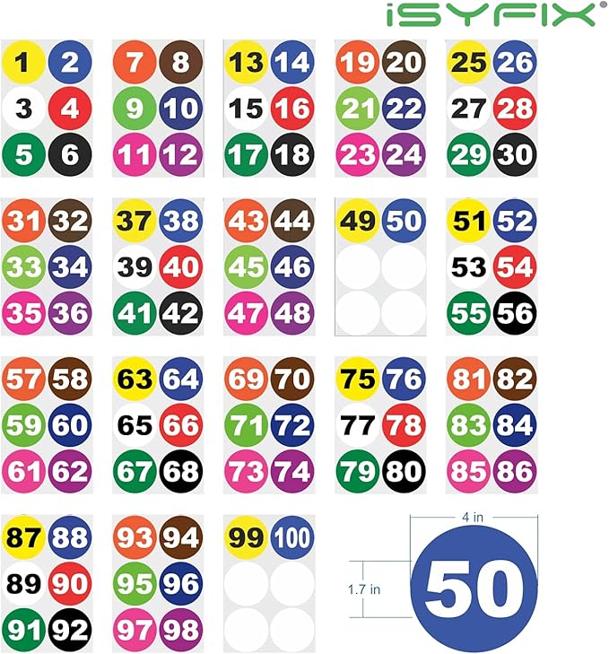 iSYFIX Multicolor Consecutive Number Stickers – 1 to 100, 4-inch, 1 Set – Vinyl Self Adhesive Premium Decal, Ideal for Inventory, Storage, Organizing, Boxes, Toolbox, Lockers & More, Indoor/Outdoor
