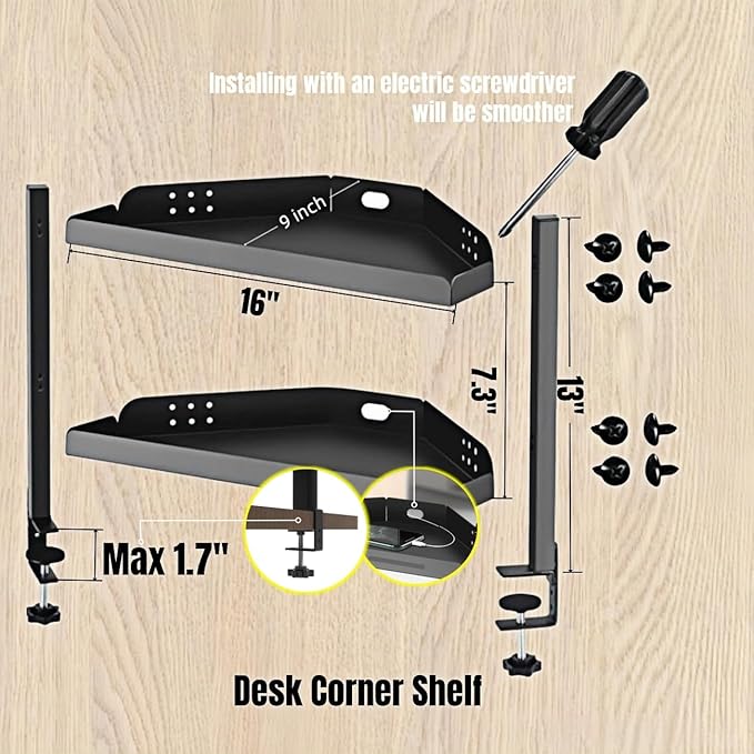 CanKing Clamp Desk Corner Shelf 2 Layer Clip On or Under Table Corner Organizer, Black, 16 inch