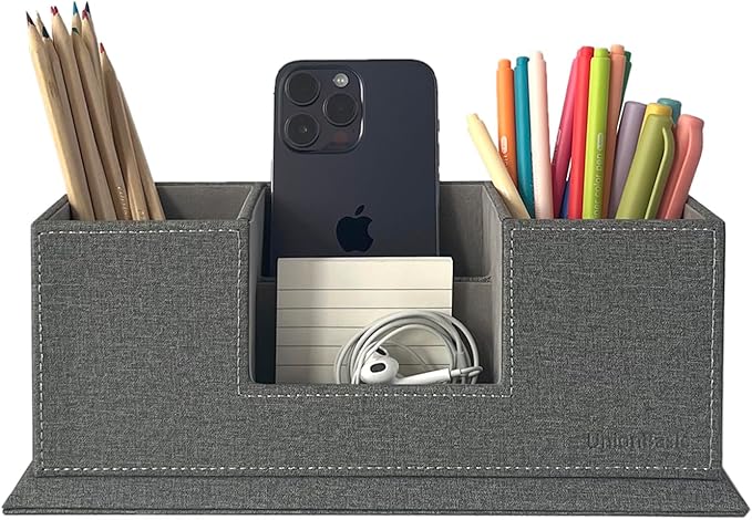 UnionBasic Desk Organizer, Desktop Caddy Leather Multi-compartment Pen Holder Office Stationer Organizer, Multi-Color (Grey Linen Texture)