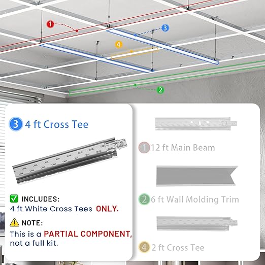 10 PCS 48 Inch Cross Tee Drop Ceiling Grid System, 4 Ft Galvanized Steel Rust & Fire Resistance Easy Installation, Ideal for Basement Living Room Garage Kitchen Bathroom White