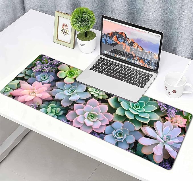 Cute Succulent Plants Large Mouse Pad, Desk Mat Computer Keyboard Pad Non-Slip Rubber Base Waterproof with Stitched Edges for Laptop Gaming, Office & Home 31.5 x 11.8 Inch (XL-17)
