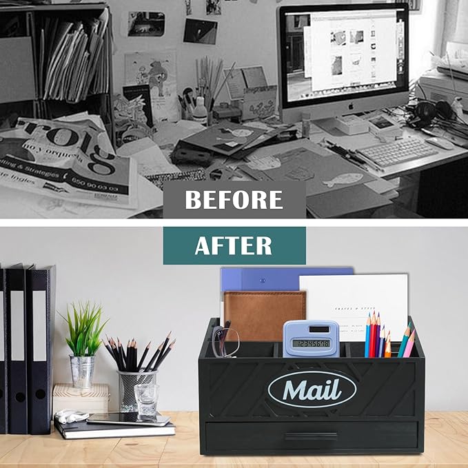 Wood Desktop Mail Organizer, Mail Organizer Countertop with 6 Compartments and Drawer, Wood Mail Holder Office Accessories for File Letter Paper Folder, Black