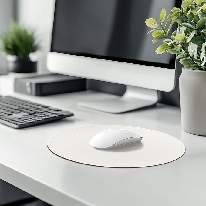 Mouse Pad，Round Mouse Pad，PU Mouse Pad，Leather Mouse Pad with Stitched Edge Micro-Fiber Base with Non-Slip Waterproof，Mouse Pad for Computers，Laptop，9 x 9 Inch (Lily White)