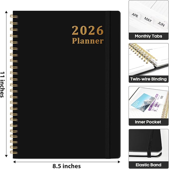 2026 Planner, Weekly and Monthly Calendar Planner, January 2026 - December 2026, Hardcover 2026 Calendar Book with Tabs For Women & Men, Inner Pocket, Spiral Bound, Perfect for Office Home School Supplies - A4 (8.5" x 11"), Black