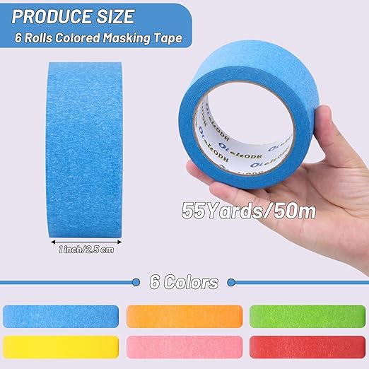 6 Rolls Colored Masking Tape-1 inch x 330 Yards Painters Tape, Rainbow Colors Rolls Bulk Kids Colorful Paper Marking Tape Decorative Arts Crafts Labeling DIY School Classroom Supplies