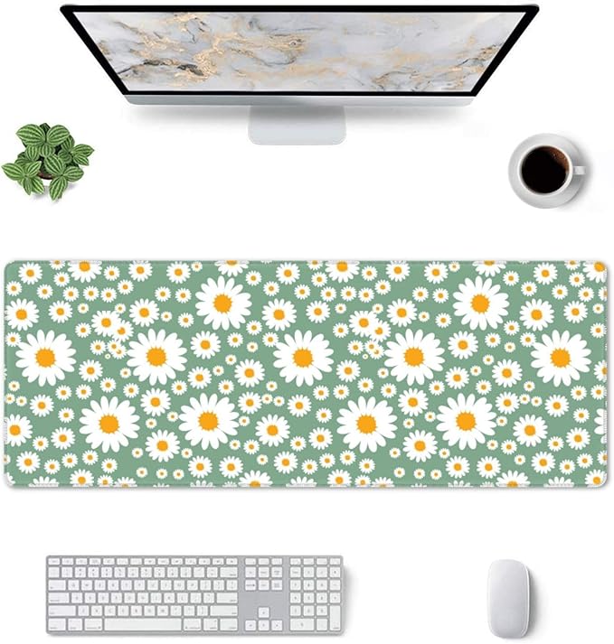 Daisy Flowers Large Mouse Pad with Stitched Edges Long Non-Slip Rubber Base Spring Floral Print Mousepad Laptop Keyboard Mat Desk Pad for Office Home Desk Decor, 31.5" X 11.8"