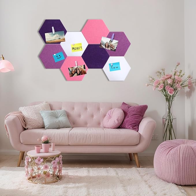 8 Pcs 12" Large Hexagon Felt Cork Board Tiles Self Adhesive DIY Bulletin Board Pin for Office Home Wall Decor Stickers Memos Photos Display with 10 Multi-Color Clip Drawing Pins(Pink)