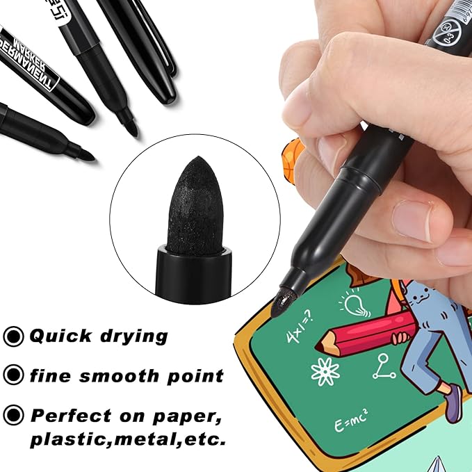 Thenshop 300 Pack Permanent Markers Bulk Back to School First Day of School Gifts Fine Point Waterproof Marker Works on Plastic, Wood, Stone, Metal, Glass for Office Classroom(Black)