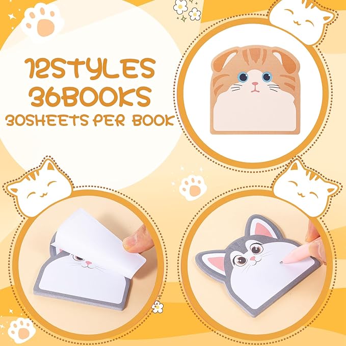 Maxdot 36 Pads 1080 Sheets Cute Sticky Notes, Fun Cat Sticky Notes Pad Self Adhesive Cartoon Memo Pads Bulk for Gift School Tab Office Home Supplies