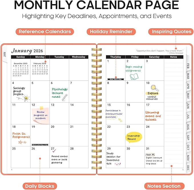 2026 Planner, Weekly and Monthly Calender Planner, Jan 2026 to Dec 2026, Hardcover 2026 Calendar Book with Tabs & Inner Pocket, Office Home School Supplies for Women & Men - A4 (8.5" x 11"), Coral
