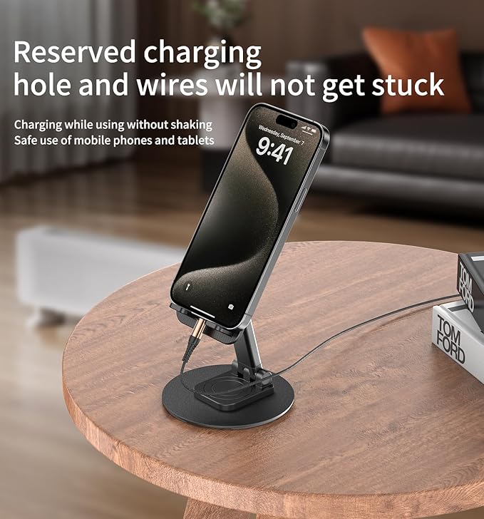 360° Degree Rotating Mobile Phone Holder,Fully Adjustable Foldable Desktop Phone Holder Stand Base,Foldable Desktop Cell Phone Stands for iPhone17 16 15 Pro Max Plus iPad Samsung (K39B-black)