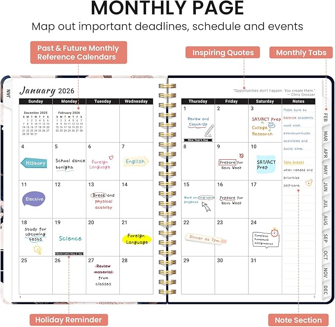 2026 Planner, Aesthetic Weekly and Monthly Planner for Women, Jan 2026 to Dec 2026, Hardcover 2026 Calendar Book with Monthly Tabs, Inner Pocket, Perfect for Office Home School - A5 (6.3" x 8.5"), Dusky Peony