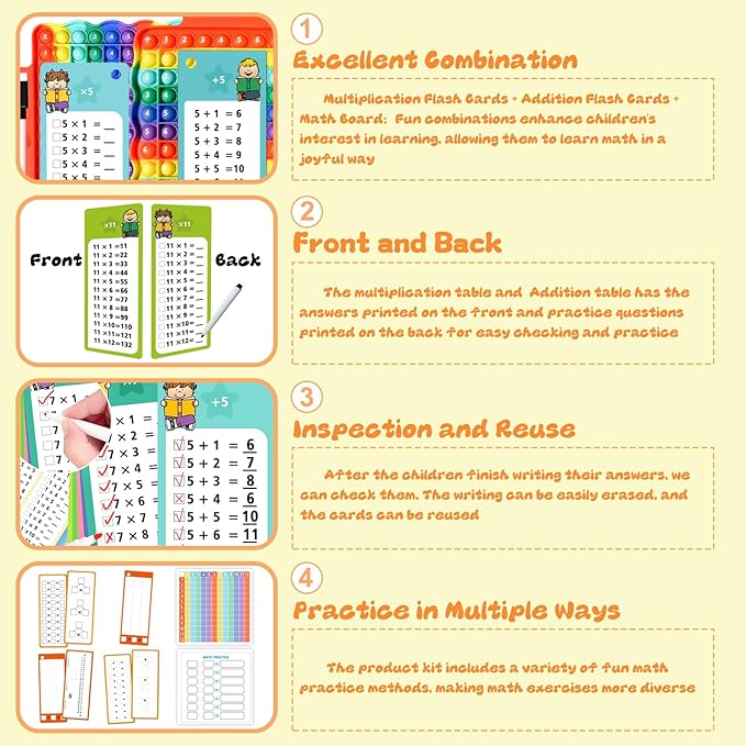 Addition Flash Cards + Multiplication Flash Cards + Math Board, Math Flash Cards & Chart, Times Table Manipulatives for Preschoolers 3rd,4th,5th,6th Grade