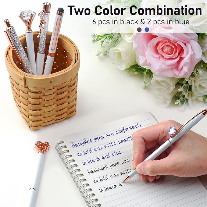 WEMATE 8Pcs Ballpoint Pens Set Metal Crystal Diamond Pen Glitter for Journaling White Pen Bling in Black & Blue Ink Pretty Cute Pens Fancy Pens Mothers Day Gifts for Women Wedding School Office(White)