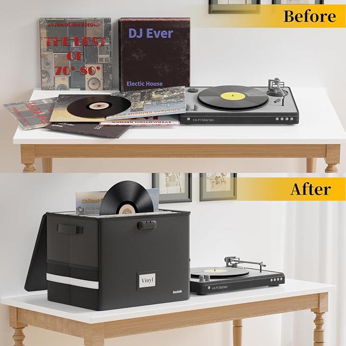 DocSafe Fireproof Vinyl Record Storage Box with Lock,Large Record Organizer Storage for 150+ Single Records,Collapsible Storage Crate with Lid&Handles for Valuable Album Collection,16.1''x13''x13''