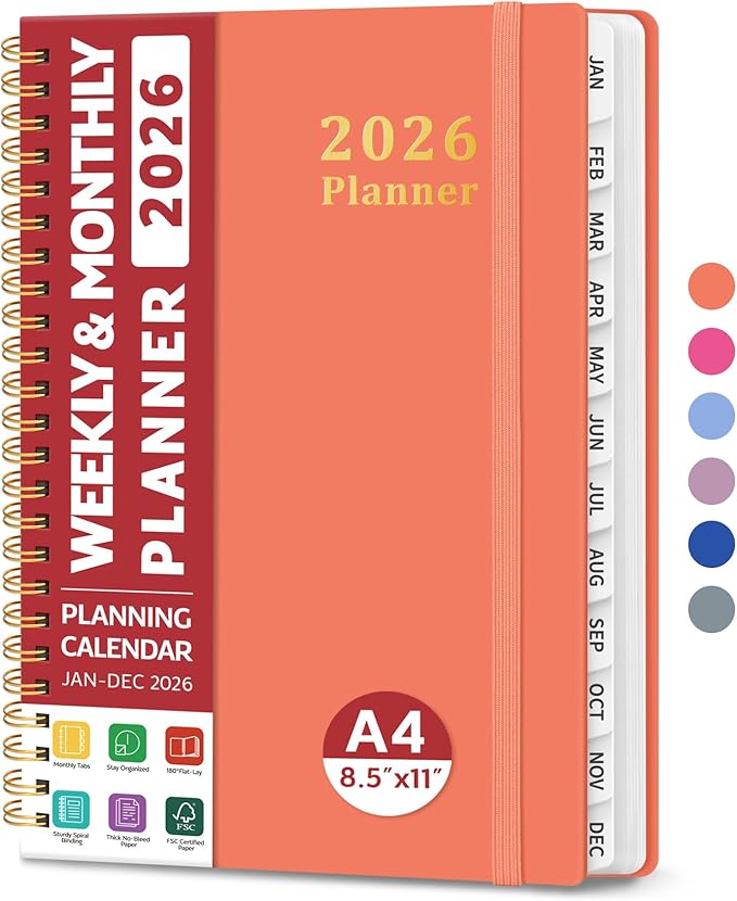 2026 Planner, Weekly and Monthly Calendar Planner, January 2026 - December 2026, Hardcover 2026 Calendar Book with Tabs For Women & Men, Inner Pocket, Spiral Bound, Perfect for Office Home School Supplies - A4 (8.5" x 11"), Coral