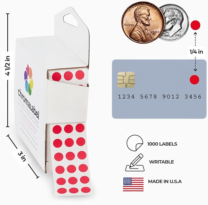 ChromaLabel 1/4 Inch Small Dot Sticker, Red Small Circle Stickers, Red Dots Labels, Small Colored Sticker Dots, 1000 Color Label in Dispenser Box