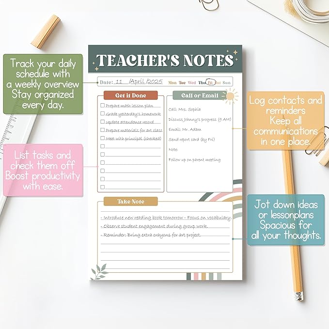 Teacher Gifts, Gifts for New Teachers, Modern Boho Teacher Notepad, To-Do List Notepad, Stationery Must-Have Supplies for Preschool, Elementary, Middle, and High School Teachers