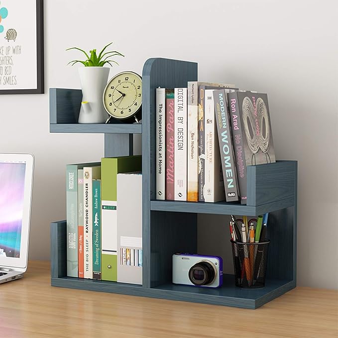 Wooden Desktop Shelf Small Bookshelf Mini Bookshelf Assembly countertop Bookcase Accessories Display Stand Office Supplies Desk Storage Box (Nordic Blue)