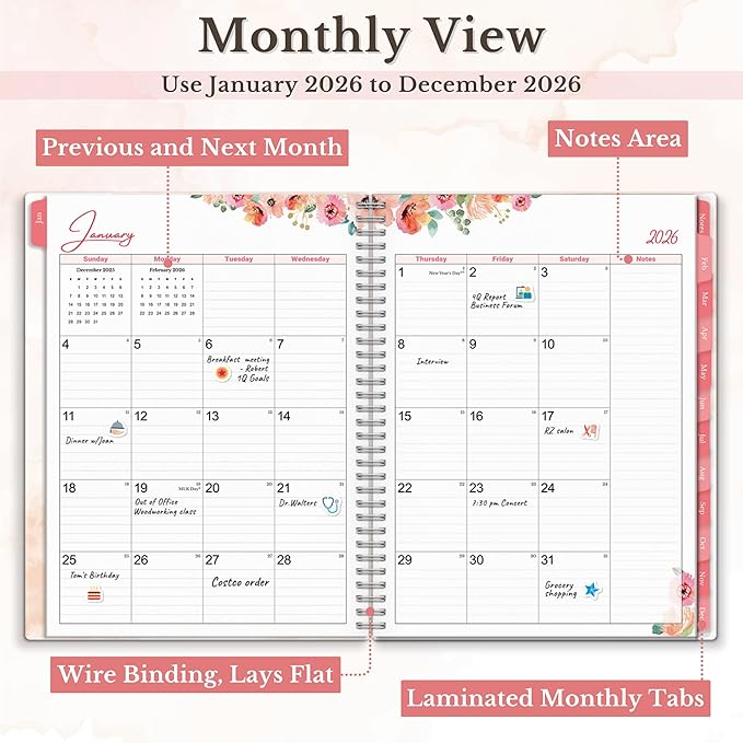 CRANBURY Large Planner 2026, 8.5x11 Weekly Monthly Calendar Agenda, from Jan to Dec Daily Organizer, Floral Theme, Spiral Bound Planner with Tabs