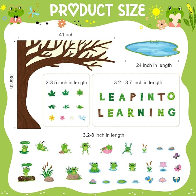 Zonon 113 Pcs Summer Frog Cutouts Bulletin Board Decorations Back to School Classroom Decorations Green Frog Cutouts with Glue Points for School Kids Office Chalkboard Passover Party Supplies