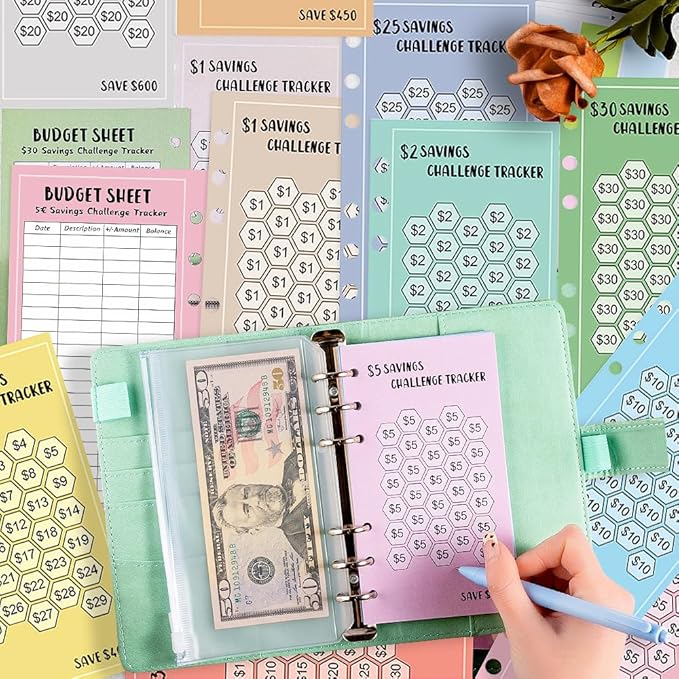 48 Sheets 100 Envelopes Money Saving Challenge Binder Trackers, 6 Ring A6 Binders Savings Challenge Trackers Cards for Budget Planner, Multiple Budget Sheets for Cash Stuffing