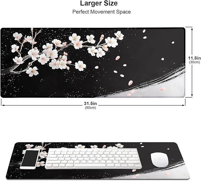 Black and White Japanese Cherry Blossom Large Mouse Pad, Desk Mat Computer Keyboard Pad Non-Slip Rubber Base Waterproof with Stitched Edges for Laptop Gaming, Office & Home 31.5 x 11.8 Inch