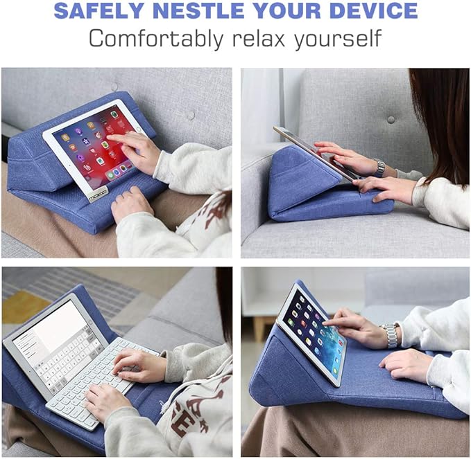 Moko Tablet Pillow Stand, Soft Bed Pillow Holder Xmas Gift for up to 11" Pad, Fits iPad 10.2"(9th Gen), New iPad mini 6 8.3" Air 4/3, iPad Pro 11/10.5/9.7, Mini 5 4, Galaxy Tab S6/S7 11", Denim Blue