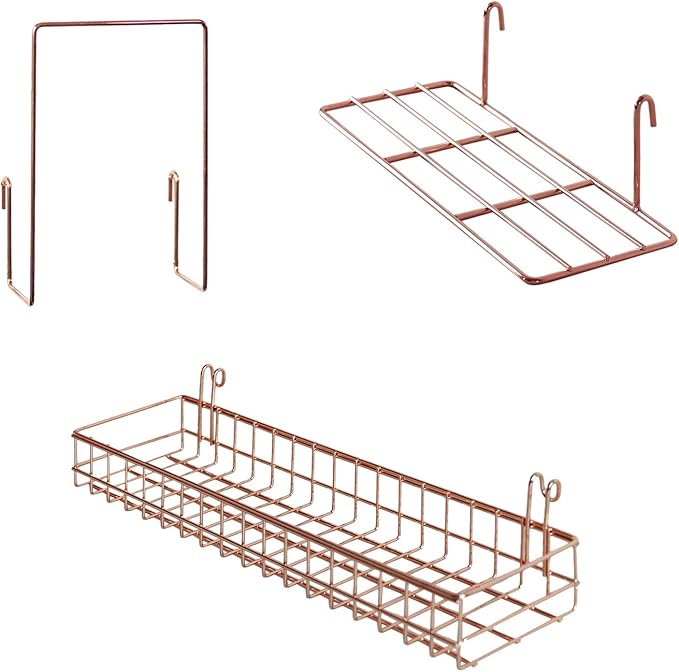 FRIADE Rose Gold Grid Basket with Hooks,Bookshelf,Display Shelf for Wall Grid Panel,Wall Mount Organizer and Storage Shelf Rack for Home Supplies,1 Set of 3 (Rose Gold)