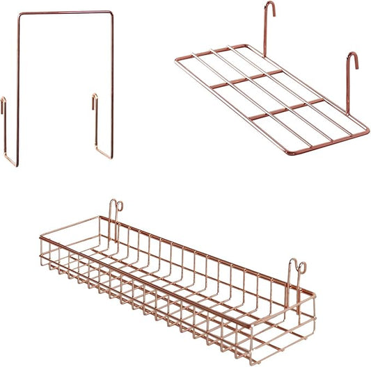 FRIADE Rose Gold Grid Basket with Hooks,Bookshelf,Display Shelf for Wall Grid Panel,Wall Mount Organizer and Storage Shelf Rack for Home Supplies,1 Set of 3 (Rose Gold)