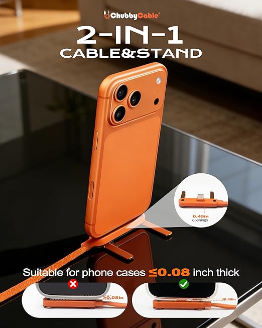 chubbycable StandLite 240W Braided Fast Charge Cable with Built-in Phone Stand T-Shaped Foldable Durable USB-C Cord 90 Degree USB C Cable Right Angle Multi-Functional Charger Cord, Orange, 4.9FT
