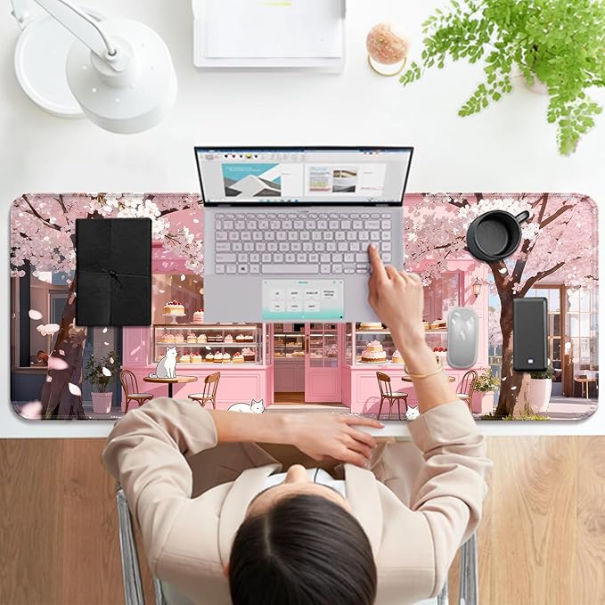 Japanese Anime Pink Cherry Blossom Cake Shop XL Large Desk Mat, Extended Long Cat Desk Pad for Gaming and Office, Non-Slip Rubber Base, Comfortable Surface Mouse Pad, 31.5x11.8 in (H15)