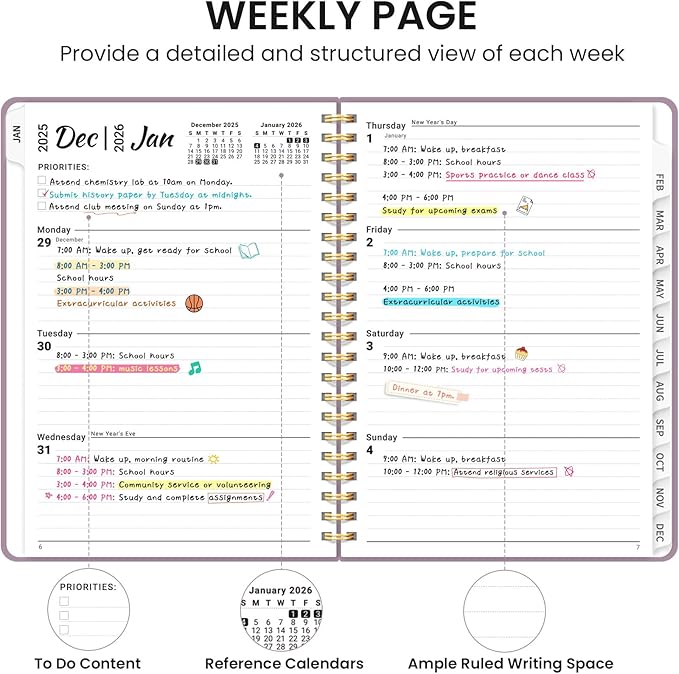2026 Planner, Weekly and Monthly Calendar Planner, January 2026 - December 2026, Hardcover 2026 Calendar Book with Tabs For Women & Men, Inner Pocket, Spiral Bound, Perfect for Office Home School Supplies - A4 (8.5" x 11"), Boho Purple