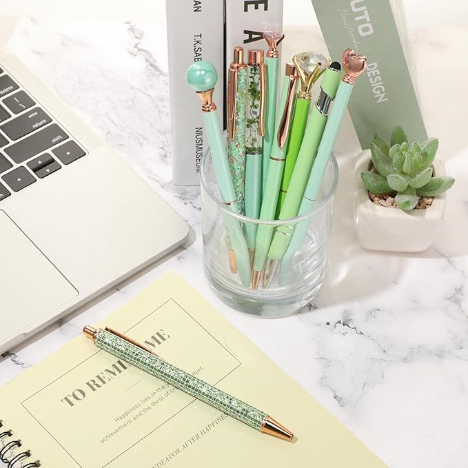 Janmini 9 Pcs Ballpoint Pens Set Metal Crystal Diamond Glitter Pens for Journaling Black Ink Pretty Cute Things Fancy Stationery Gifts for Women Girls Birthday Home Office Desk(Green)