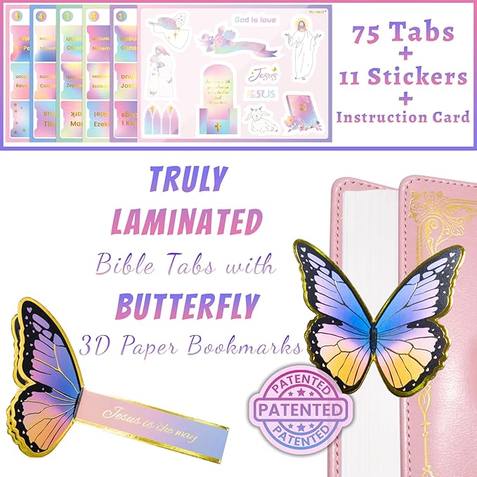 Bible Tabs with Butterfly Bookmarks, Gold Foil Laminated Bible Tabs, Bible Tabs for Women, Christian Gifts, Large Print Bible Tabs, Bible Book Index Tabs Labels, Bible Study Supplies (Rainbow)