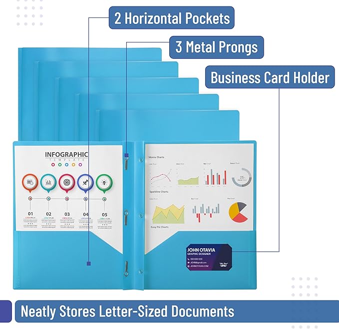 Mr. Pen- Plastic Folders with Pockets and Prongs, 24 Pack, Letter Size, Blue, Flexible Plastic Folders with Prongs