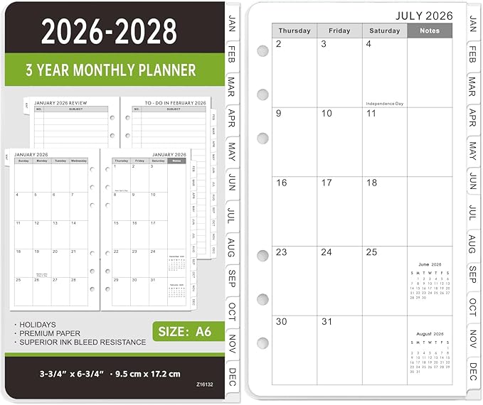 2026-2028 Monthly Planner Refill - A6 Size, Planner Inserts with 6-Hole Punched, January 2026 - December 2028, Two Pages Per Month, 2026-2028 Monthly Calendar with Tabs
