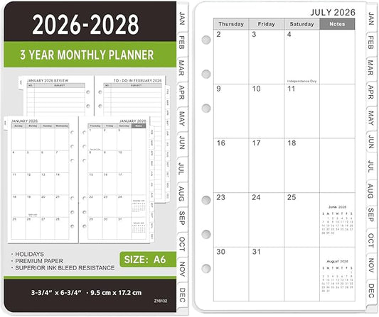 2026-2028 Monthly Planner Refill - A6 Size, Planner Inserts with 6-Hole Punched, January 2026 - December 2028, Two Pages Per Month, 2026-2028 Monthly Calendar with Tabs