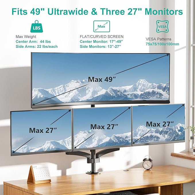 WALI 4 Monitor Mount for up to 49 inch Ultrawides on Top Bracket and 27 inch Screens on Lower Brackets, Heavy Duty Gas Spring Arm Extra Tall Quad Monitor Stand, up to 44 lbs (GSDM004S-P), Black