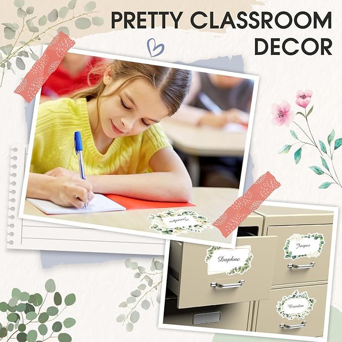 Sabary 90 Pcs Cutout Name Tags Water Bottle Labels Daycare Labels Self Adhesive Name Stickers Gift Tags for Classroom Home Desk Bulletin Board Decoration Party Favor 10 Sheets (Leaf)