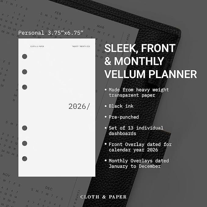Cloth & Paper 2026 Front & Monthly Vellum Planner Dashboard Overlays | Personal Size 3.75 x 6.75 Inches | 13-Piece Set for 6-Ring Personal Planners, Undated, Transparent Heavyweight Paper, Pre-Punched