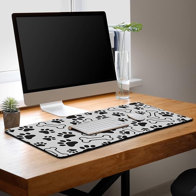 Desktop Mats Laptop Desk Mat Gaming Mouse Pad Extra Large Mouse Pads Computer Mats Office Pad Waterproof Non-Slip Rubber Base 35.4 X 15.7 for Game Office, Dogs Paws and Bones