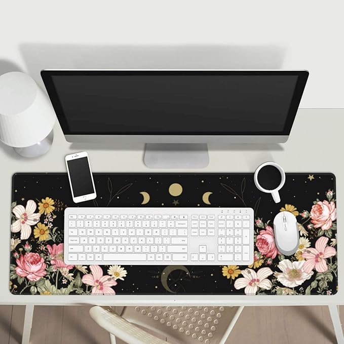 Moon Phase Moth Garden Black XXL XL Large Gaming Mouse Pad for Desk, Non-Slip Long Extended Keyboard Pads Mousepad Rubber Table Mat 31.5 X 11.8 Inch