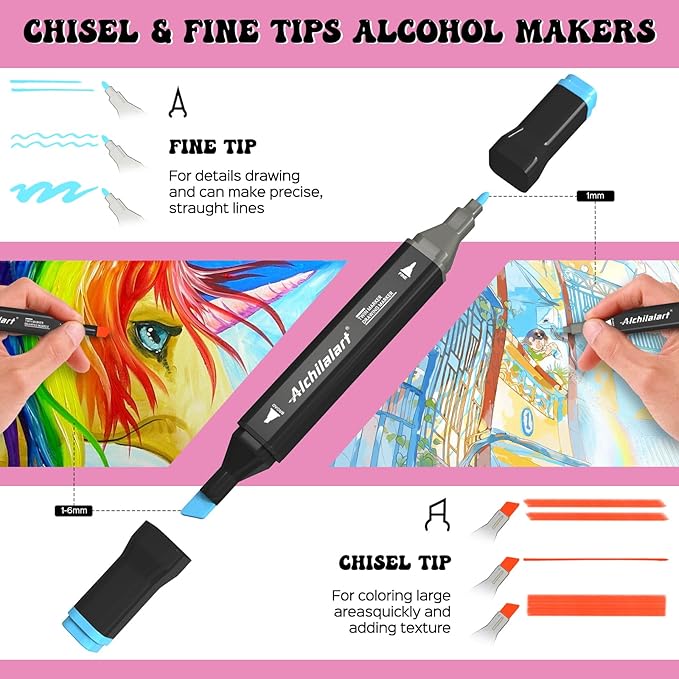 alchilalart 80-Colors Alcohol Based markers, Alcohol Markers Set, Dual Tip Alcohol Sketching Drawing Markers Animation for Adults Kids