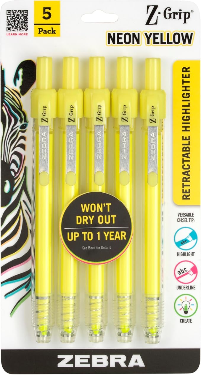Zebra Pen, Z-Grip Retractable Highlighters, Chisel Tip, Neon Yellow, Transparent Barrel, Click-Style Retractable Design, Built-In Metal Clip, Ideal for School and Office, 5-Pack (71255)