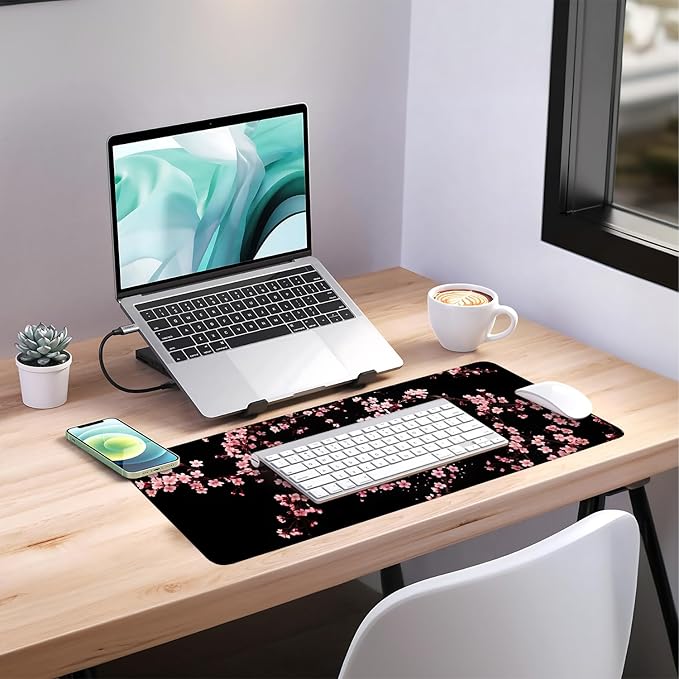 Cherry Blossom Falling Extended Gaming Mouse Pad XL 31.5"x11.8" – Pink Floral Desk Mat – Non-Slip Rubber Base, Stitched Edges