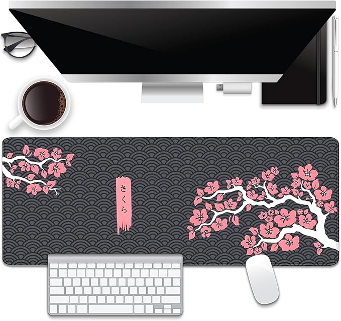 Cherry Blossoms and Waves Desk Pad Mouse Pad,Expand XL Mouse Mat with Stitched Edges,Non-Slip Rubber Base Large Mousepad for Office PC Keyboard Laptop and Homework Desk Mat(31.5X11.8 in)