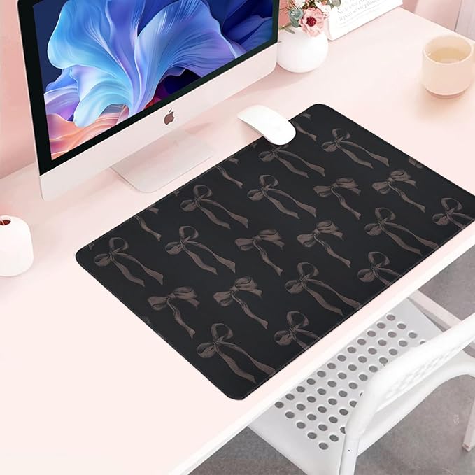 Black Bow Mouse Pad, Cute Bow Desk Mat Black Computer Mat Keyboard Pad, Non-Slip Rubber Base Large Bows Laptop Pad Desk Pad, Office Accessories Desktop Decor for Girls Women 23.6 x 11.8 Inch