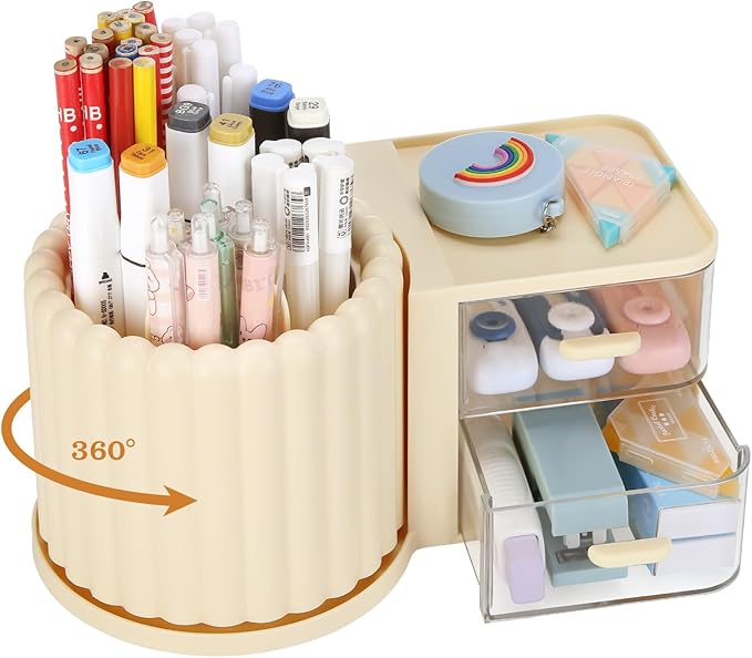 LETURE Rotating Office Desk Organizers and Accessories with 2 Drawer, Pencil Pen Marker Holder for Desk, Desktop Storage Organizers and Accessories for Office Home Art Supplies (Cream)