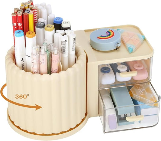 LETURE Rotating Office Desk Organizers and Accessories with 2 Drawer, Pencil Pen Marker Holder for Desk, Desktop Storage Organizers and Accessories for Office Home Art Supplies (Cream)